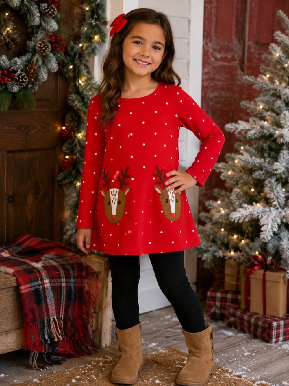 Mini Boden Girls Reindeer Applique Tunic Top Red Polka Dot Christmas 9-10Y